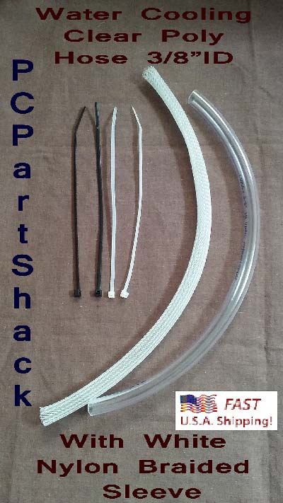 Water Cooling Clear PVC Vinyl Tubing 3/8" x 1ft with or without Black or White Nylon Braided Sleeve